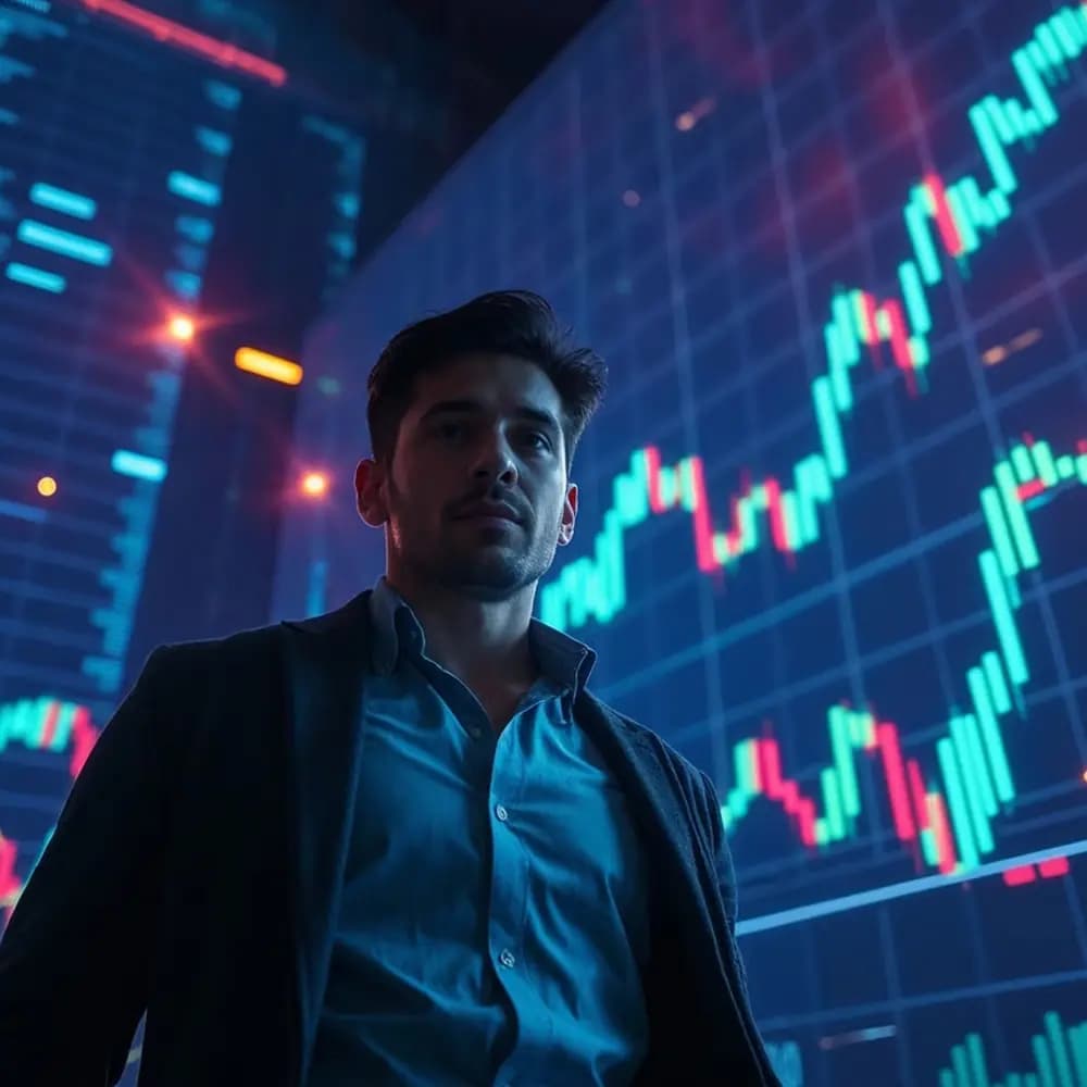 Trader in front of a rising chart